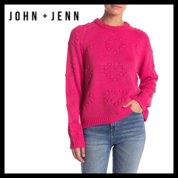 John + Jenn Sweaters - John + Jenn Heart Stitch Crew Sweater Hot Pink